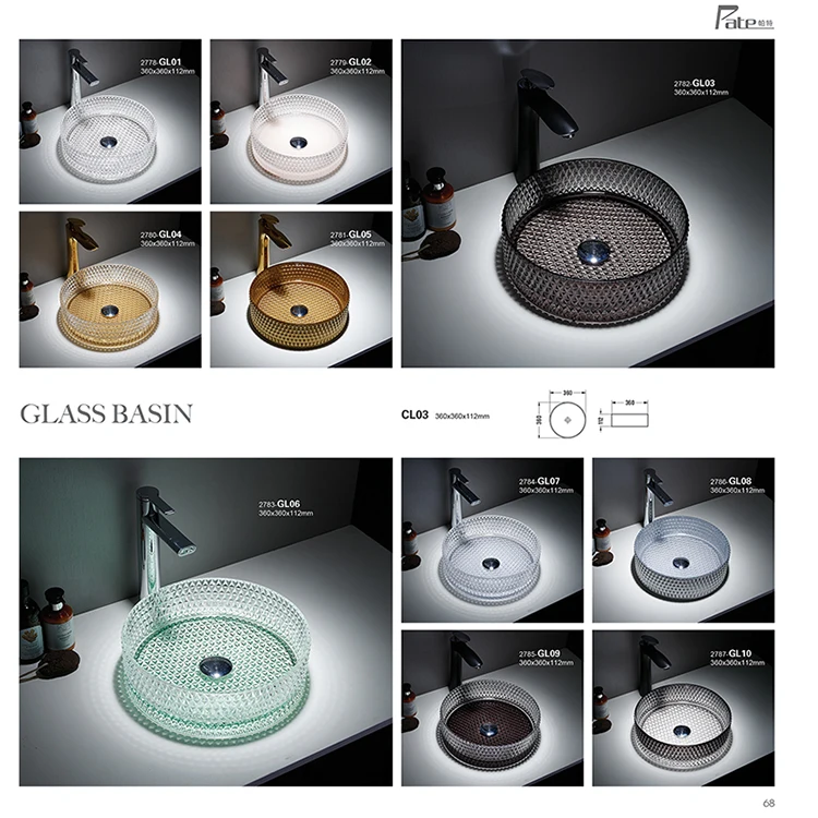 Modern Gold Line Crystal Wash Hand Basin Transparent Tempered Glass Bathroom Sink Counter Mount Installation Ceramic Stone