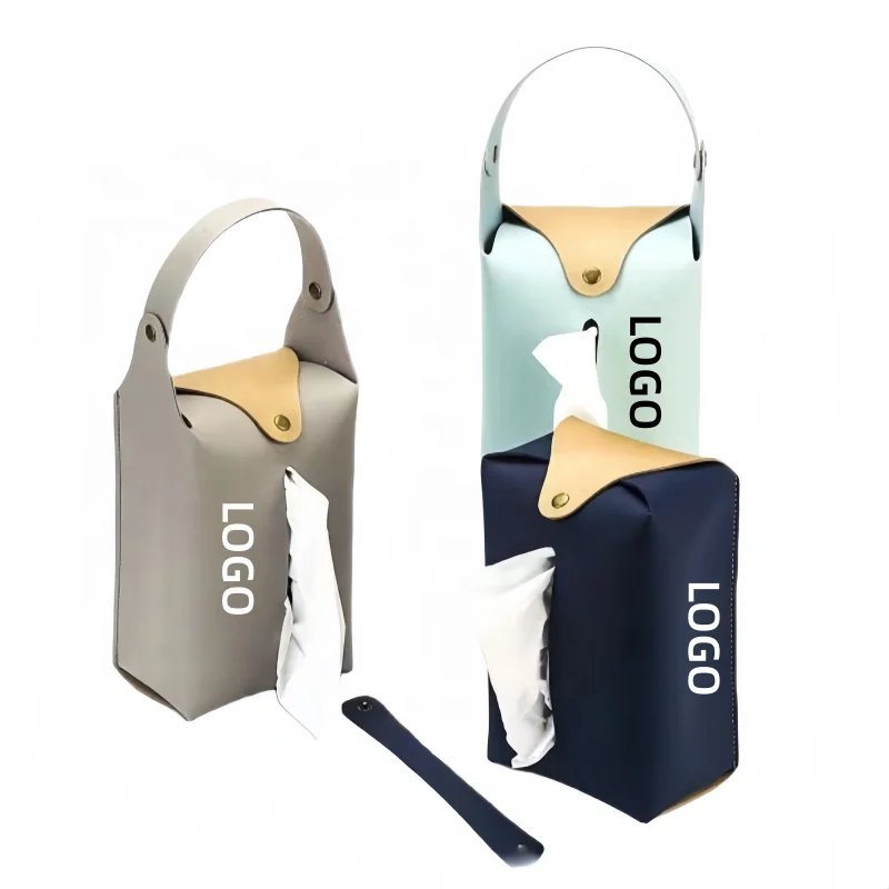 Custom Stylish Foldable PU Leather Tissue Box Car Hanging Tissue Bag With Detachable Handle for Car & Home Storage Organizer