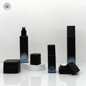 30g 50g 40ml 100ml 120ml High end cosmetic package set Square black and blue gradients Glass cream jars and toner lotion bottle