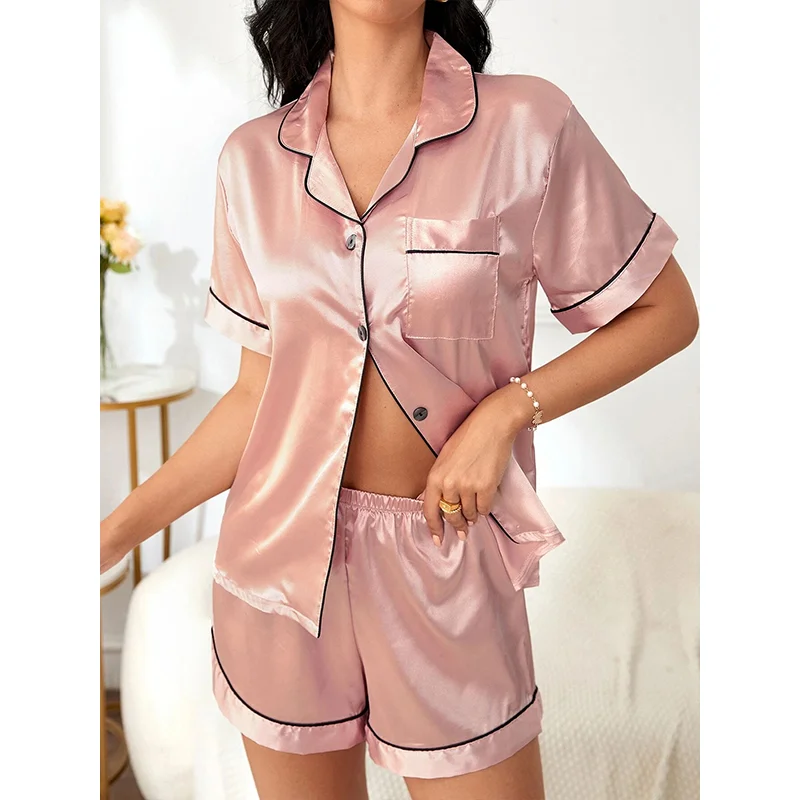 Factory Custom Satin Silk Piping Short Pj Set Ladies Satin Top And