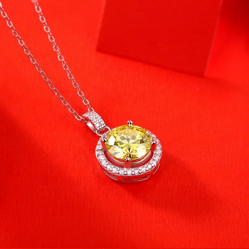 HMOIS factory costom moissanite ring fashion jewelry silver 3.0ct yellow round moissanite diamonds necklace