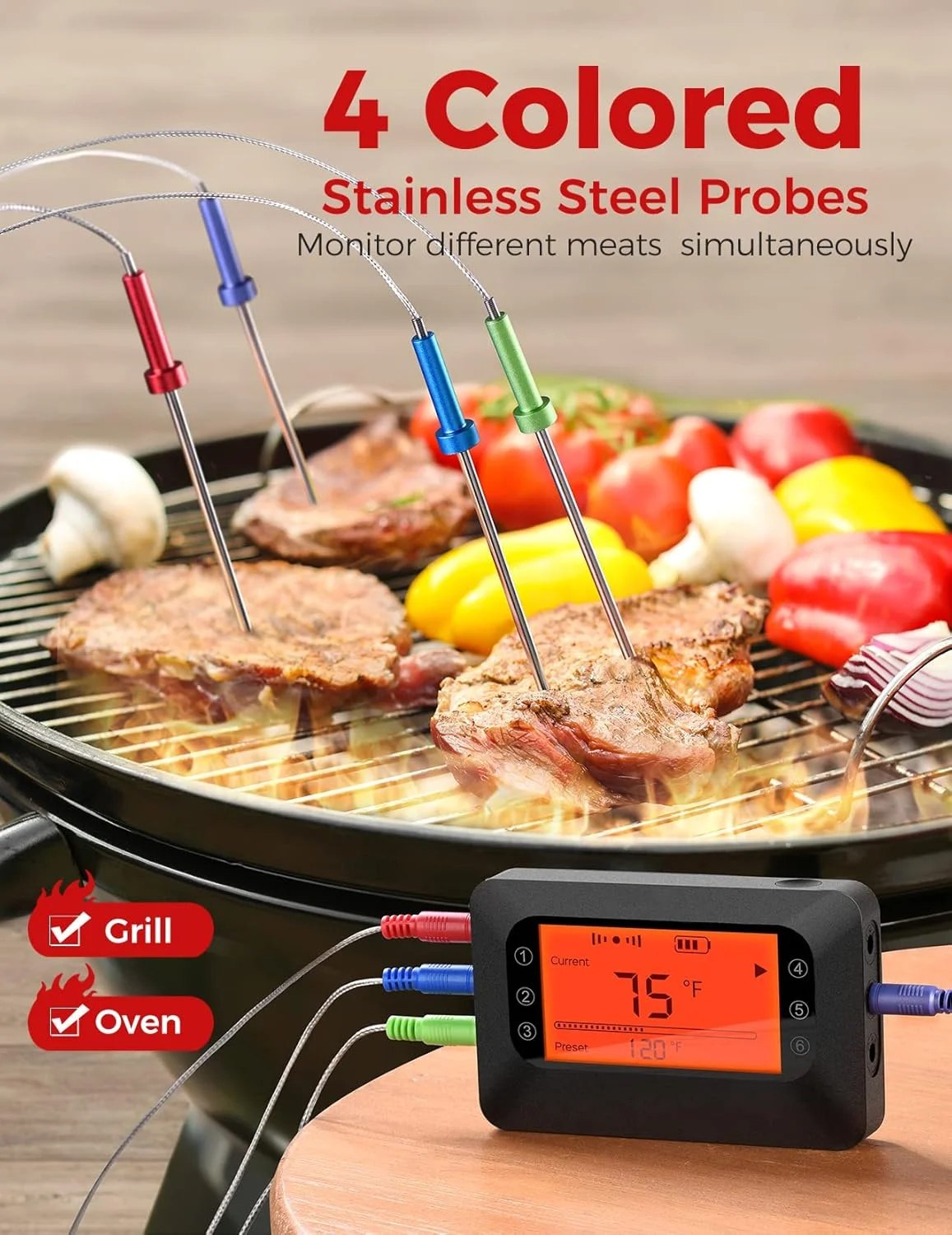 Bluetooth Digital Meat Thermometer for Grill BBQ 4-Color Wireless Probes Large Backlight Display Cooking Food Oven Thermometer