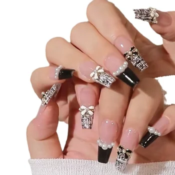 Medium Long Black Alloy Butterfly Nail Patch for Men Soft Fragrance French Style Manicure Finished Artificial Fingernails
