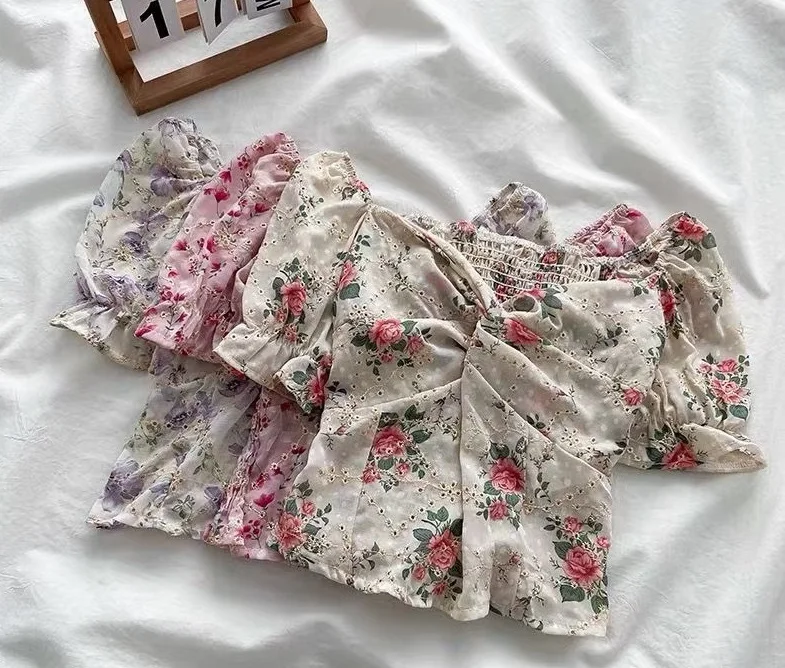 Free Shipping Korea Latest Design Low Price Printed Girls Popular Chiffon Blouse Top OC417
