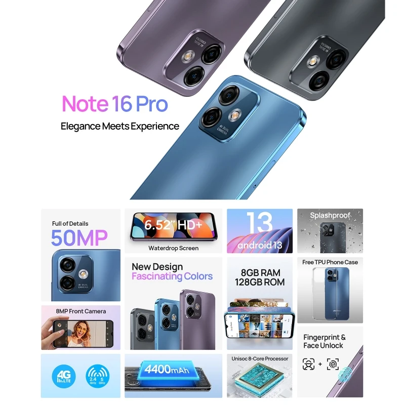 Ulefone Note 16 Pro Smartphone – 16GB RAM, 256GB ROM, 50MP Kamera, 6.52" HD+, Android 13, 4400mAh