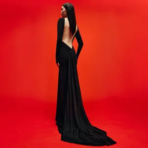 Elegant Black Backless Evening Dresses Long Sleeve Open Back Floor-length Maxi Dress With Train Formal Mermaid Gown