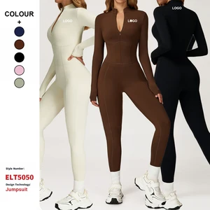 Custom High Quality Quick Drying One Piece Bodysuit Stand-Up Collar Zipper Long-Sleeved Sports Jumpsuit Women Yoga Sportswear