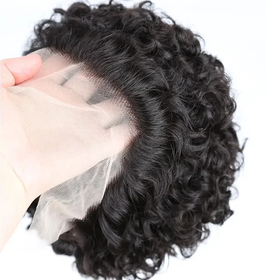 Short Pixie Cut Human Hair Wig Water Wave Ombre Brown Transparent Front Lace Cheap Curly Wigs for Women_voghion.com