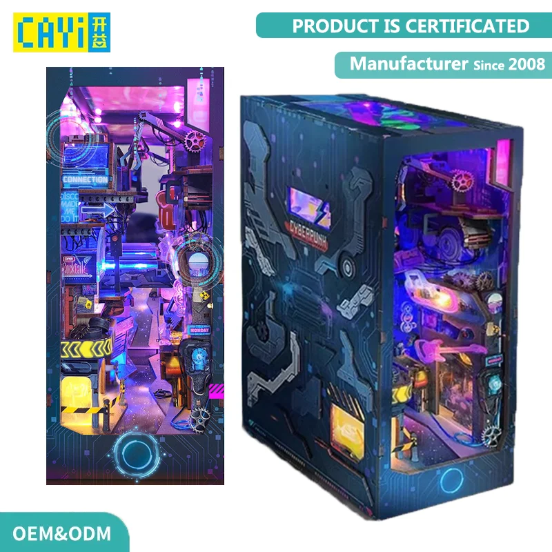 CAYI Cyberpunk Book Nook Kit 2077 Style Assembly Creative Bookends 3D Wooden Puzzle Diy LED Light Miniature Building Block Set