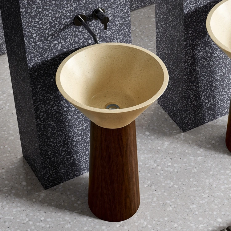 Bathroom Sink Stand Alone Cream Artificial Stone Wash Basin with Wood Grain Stainless Steel Pedestal Freestanding Wash Basin