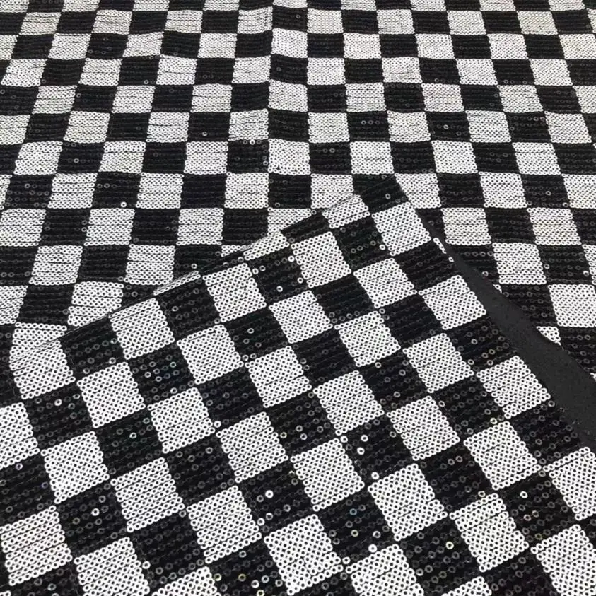 New Velvet Black and White Checkered Lace Fabric With Sequins Stretch Lace Fabric