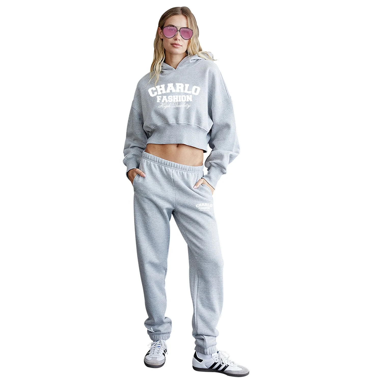Custom Fleece Tracksuit Female High Quality Fall Winter Clothing Piece  Womens Crop Top Sweatsuit Tracksuits Set for Women
