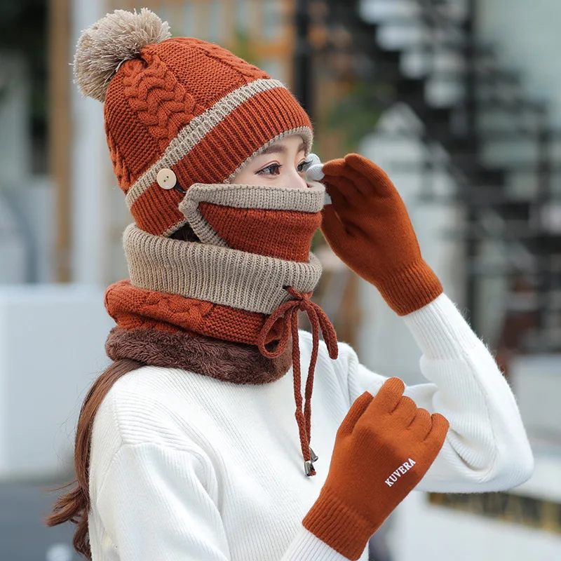 DDA640 Women Knitted Ski Mask Hat Neck Warmer Set Fur Lined Pom Pom Beanies  Winter Hats and Scarf Set
