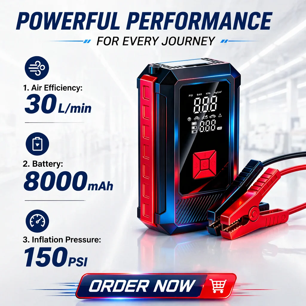 Démarrage de secours sans fil compact et portable pour batterie de voiture d'urgence, banque d'énergie et démarreur avec compresseur d'air pour gonflage de pneus