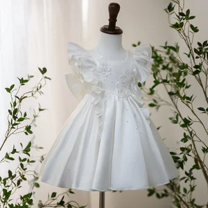 White Bow Formal Princess Ball Gown Dress for Girls with Embroidered Butterfly Style and Sleeveless Design