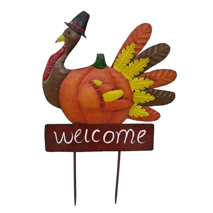 Sign Metal Stake  Wind Spinner forating Your Lawn and  Turkey with Hat Pumpkin