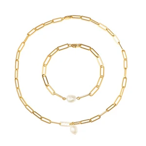 Women Gold Plated Link Chains Necklace Bracelet Jewelry Set Copper Toggle Pearl Bracelet