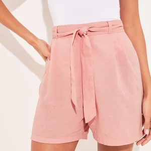 2026 Summer Casual High Waist Shorts Pink Washed Cotton Elastic Waist Mid Loose Hot Shorts