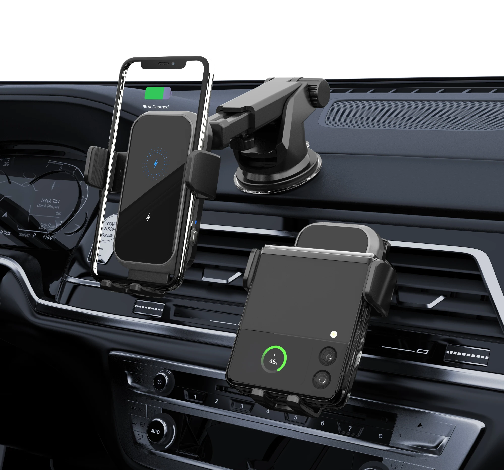 KC Qi 15w Fast Charging Smart Sensor Dual Coils Car wireless Car Phone Holder Charger  Mount For Iphone 14 Samsung Galaxy Z Flip