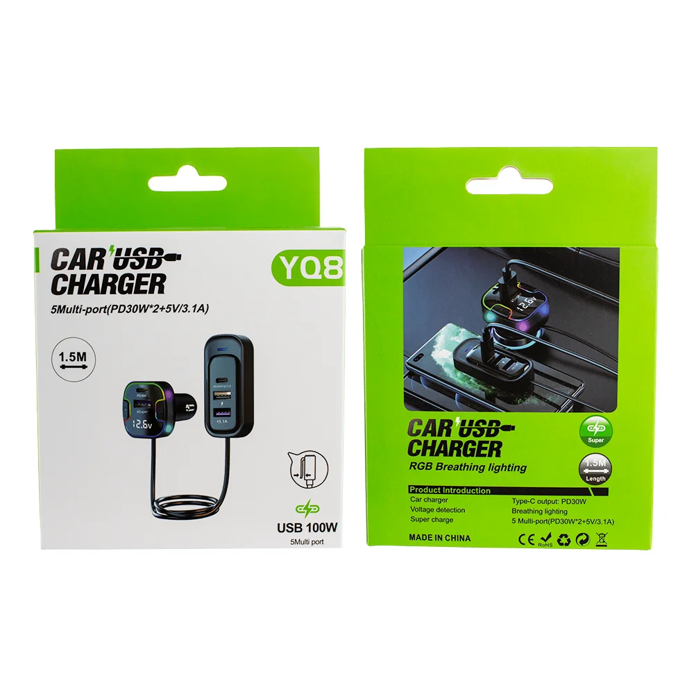 100W Car Charger 5 Multi-port Expansion Simultaneous Front and Rear  Charging Car Cigarette Lighter With 1.5m Cable