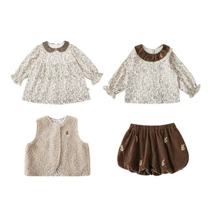 Autumn Suit New Arrival Wool Vest Baby Girls Blouse Long Sleeve Dresses Corduroy Shorts Wholesale Kids Girls Sets