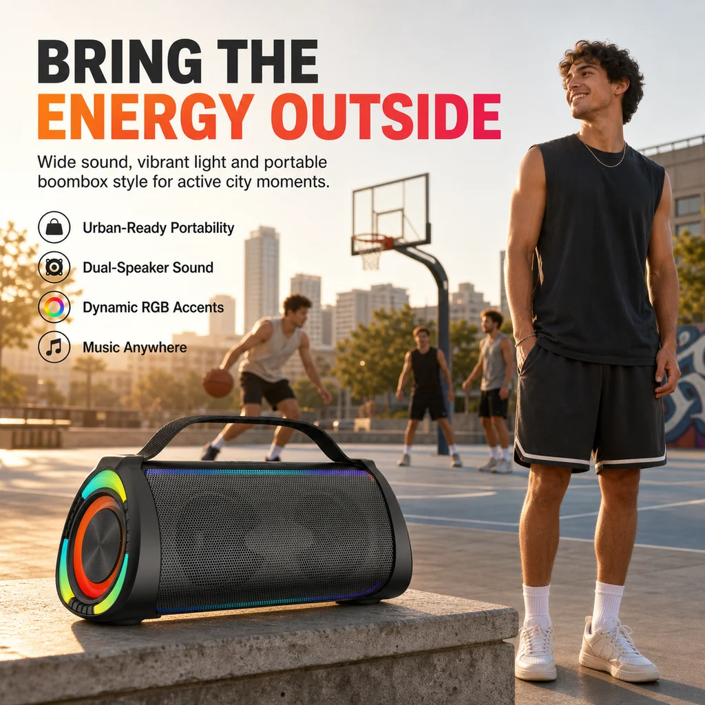 In Stock  Dual 4.5 Inch Portable Boombox Speaker with Carry Handle Wide Front Sound and Color Light Effects