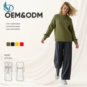 Women's Casual Wool Cashmere Pullover O-Neck Twist Jacquard Knit Sweater with  Plain Color for Winter