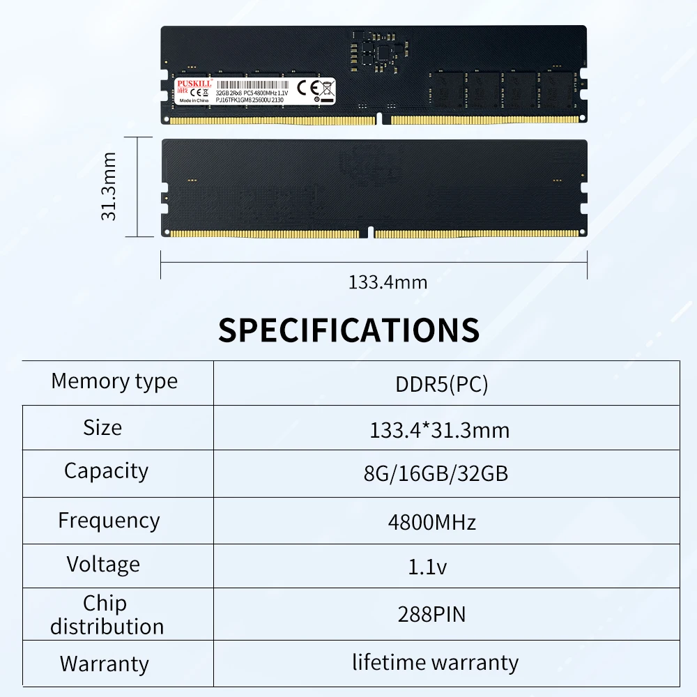 Puskill DDR5 RAM - 8GB/16GB/32GB, 4800MHz/5600MHz for Desktops