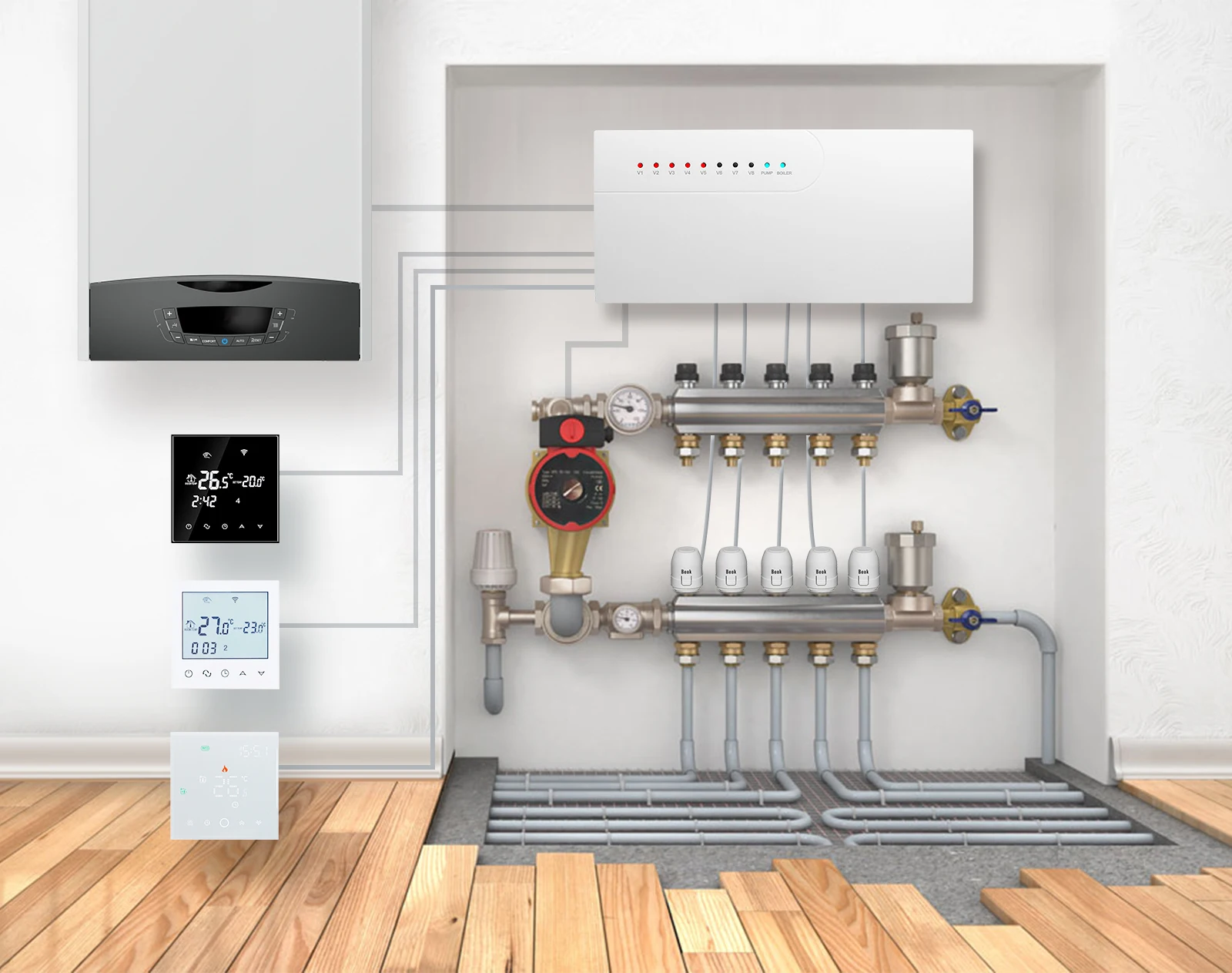 Beok Central Heating Wiring Centers Hub Controller for 3A Water Floor  Heating System Smart WIFI Thermostat Actuators and Gas Bo