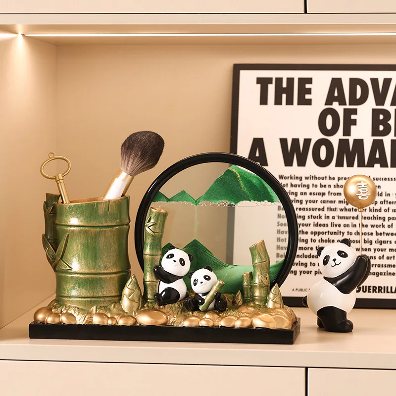 Golden Deer Figurines Panda Bamboo Pen Holder Set Modern Chinese Style Home Office Desk Decorative Ornament Collection