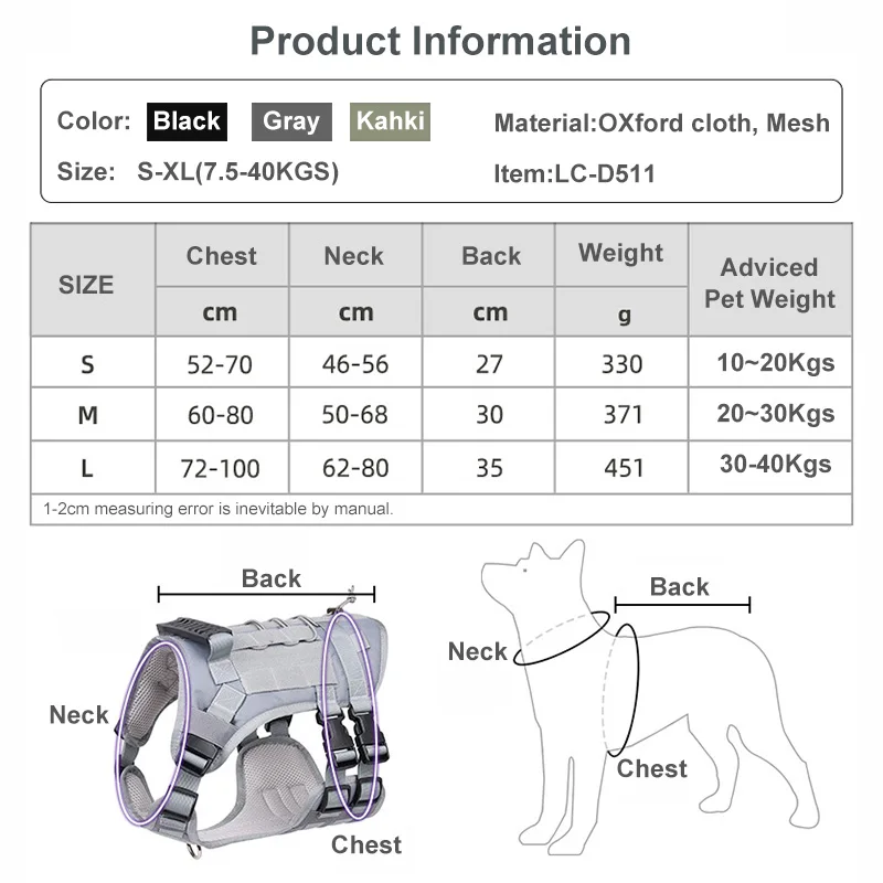 High Quality Adjustable Tactical Dog Vest Set and Harness Leash for Walking and Sports for Cats & Dogs
