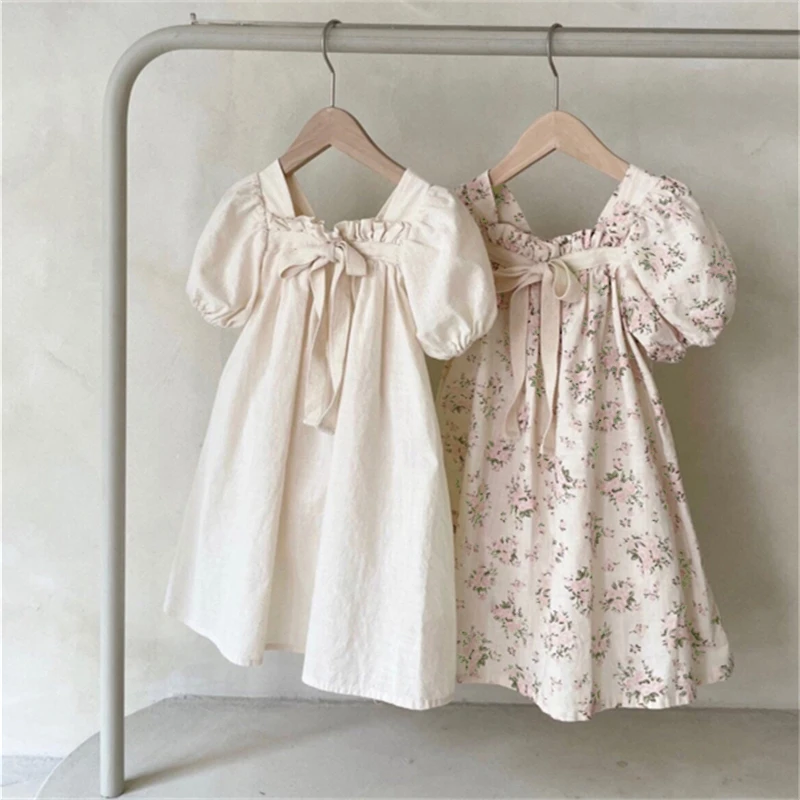 Q20427 Summer Boutique Square-neck Adjustable Bow Bubble Sleeves  Floral Print Dress for girl baby  Clothes Dress For Kids