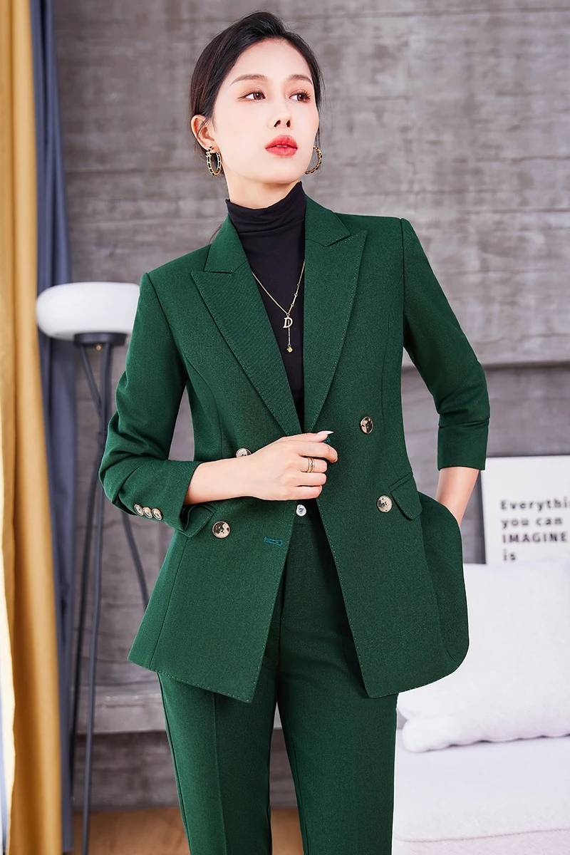 China Factory Women's Doublebreasted Green Pant Suit Solid Style