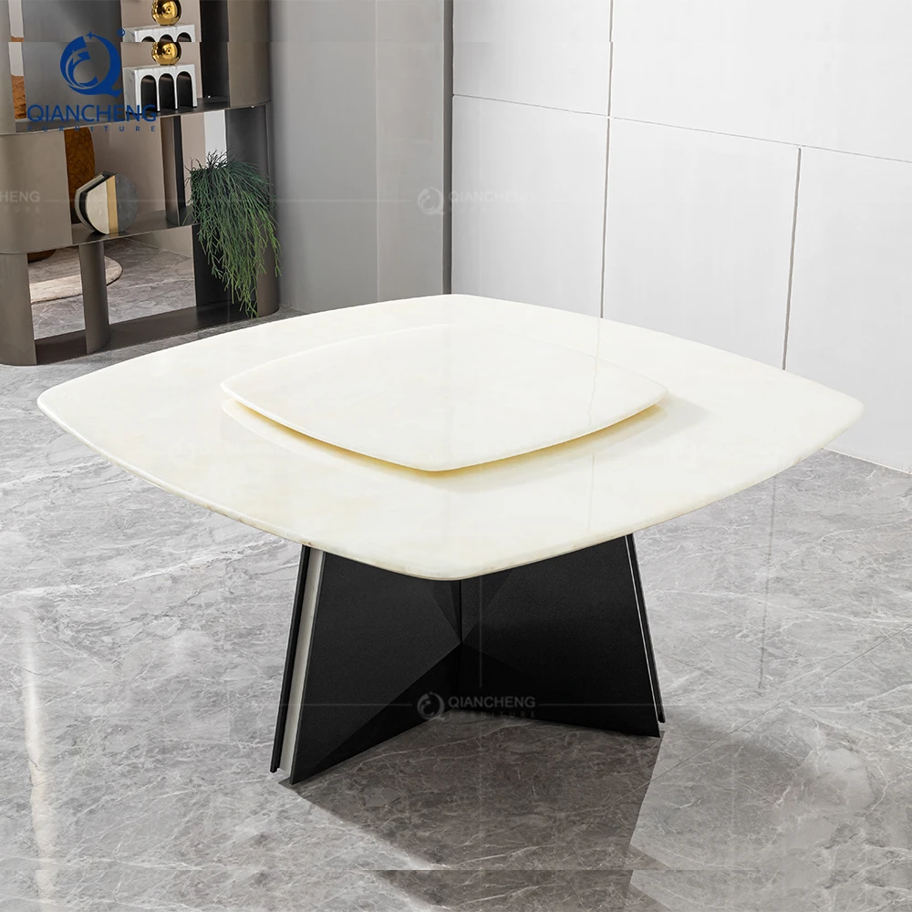 360° Turntable Two Layer Square Dining Table With Marble Rotating Centre Countertop Luxury New Design Black Stainless Steel Base