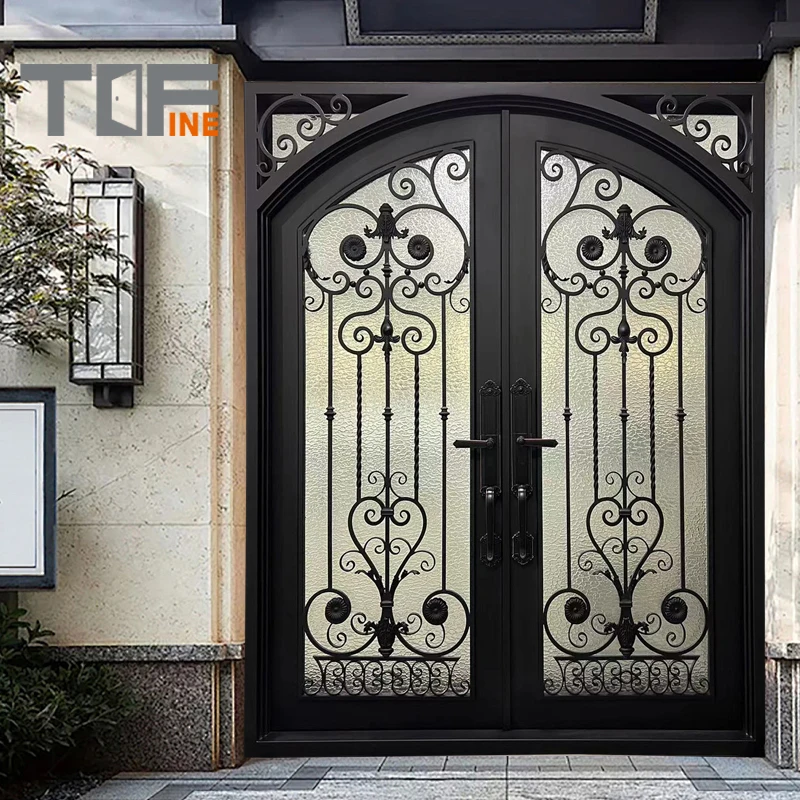 Mexico Bronze Color Flower Wrought Iron Dooraluminum Double Entryway Front  Exterior Simple Sliding Door Gate Design for Home