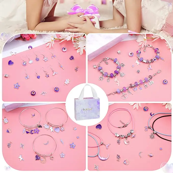 162 Pcs Charm Bracelets Kit With Beads And Jewelry Charms,Purple
