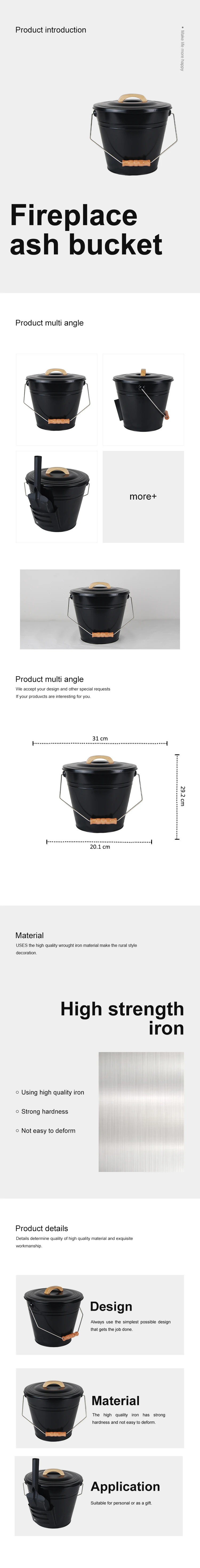 Metal Ash Bucket for Fireplace with wooden Indoor Outdoor Black coal hod bucket
