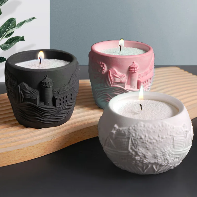 DIY Relief Lighthouse House Silicone Mold for Flowerpot Drip Glue Grinding Tool Windmill Room Storage Jar for Cement Cake Tools factory