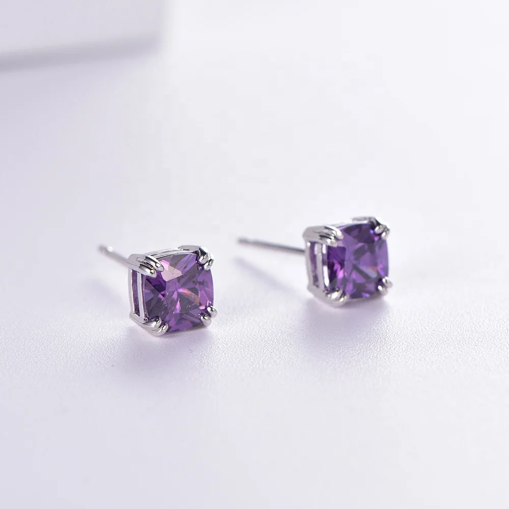 Custom Color Diamond Earrings Fusion Stone Amethyst Diamond Stud Earrings 925 sterling silver earrings