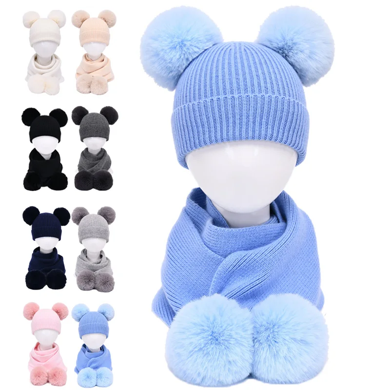 Индивидуальный OEM сервис оптовая продажа детская мягкая кашемировая вязаная зимняя шапочка с двумя помпонами набор шарфов