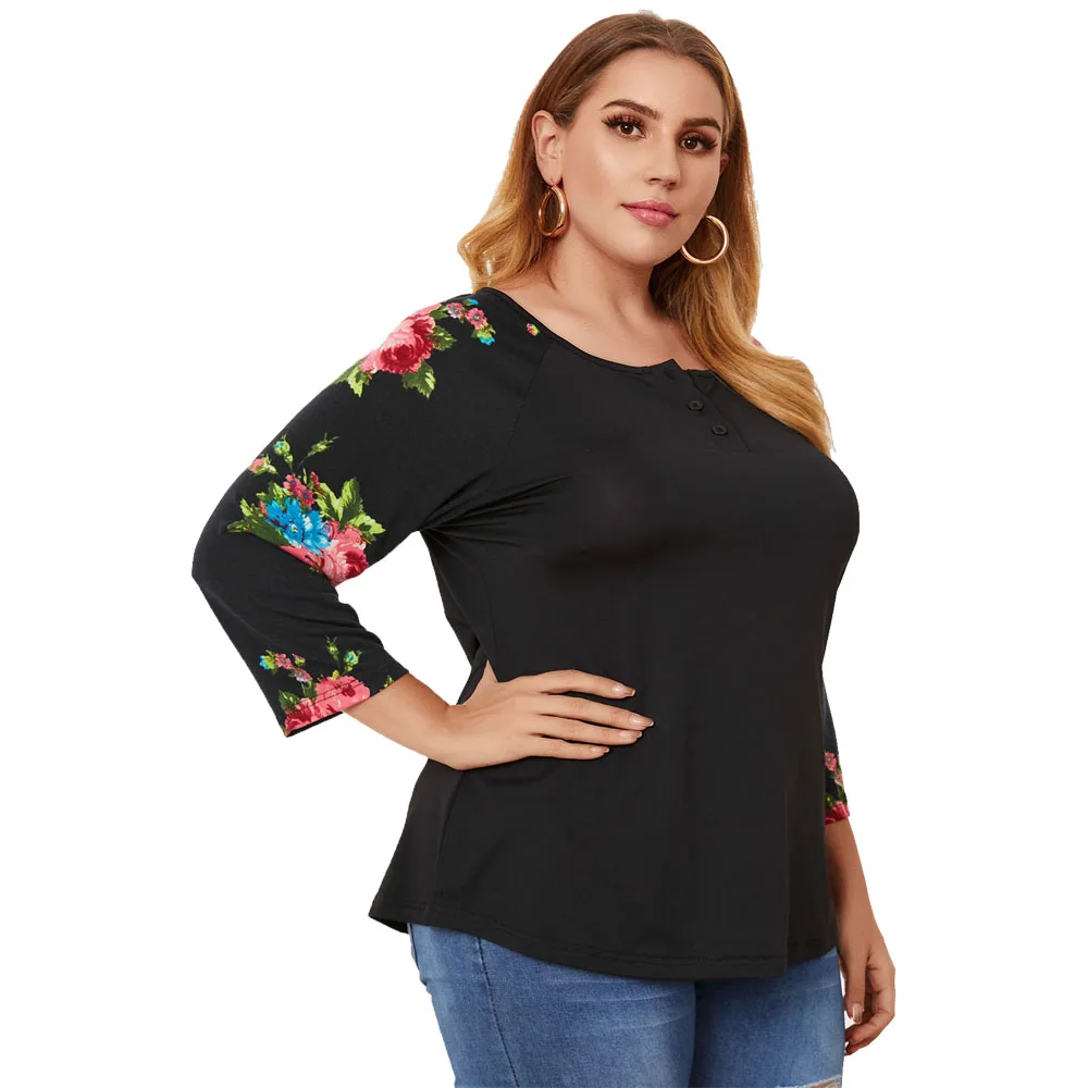 Curved Hem Tee Shirts Floral Raglan 