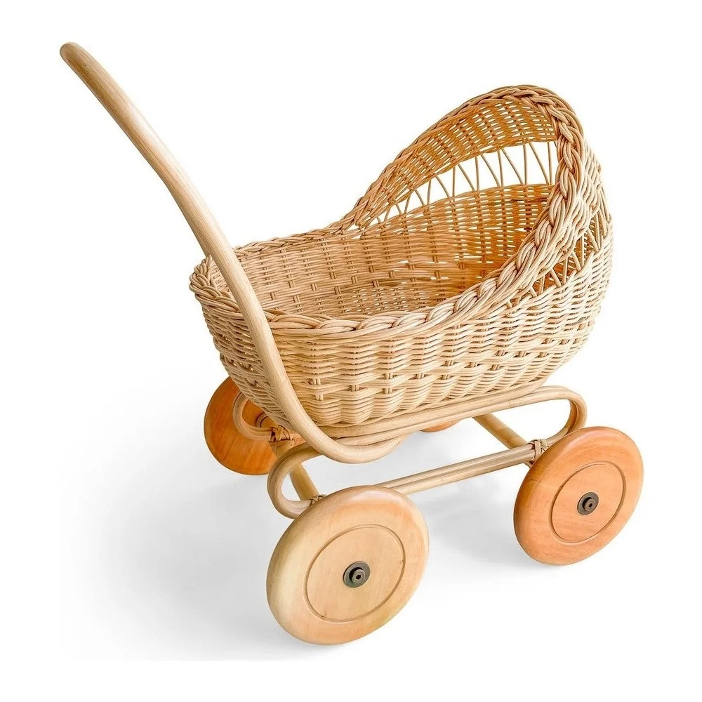 Wicker Doll Pram For Kids Toddler Sustainable Toys Handwoven Stroller