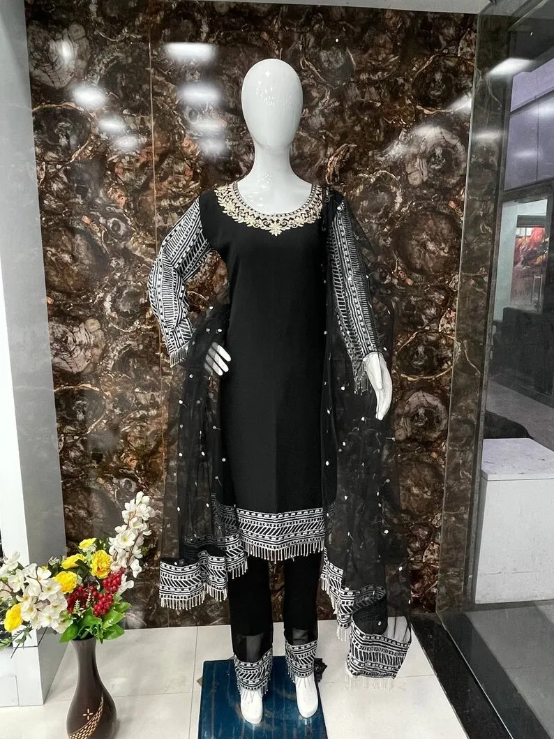 Latest Designer Collection Chine Sequence Black Ethnic Style Kurti With Pant and Dupatta Set Georgette Work Suit Fully Stitched