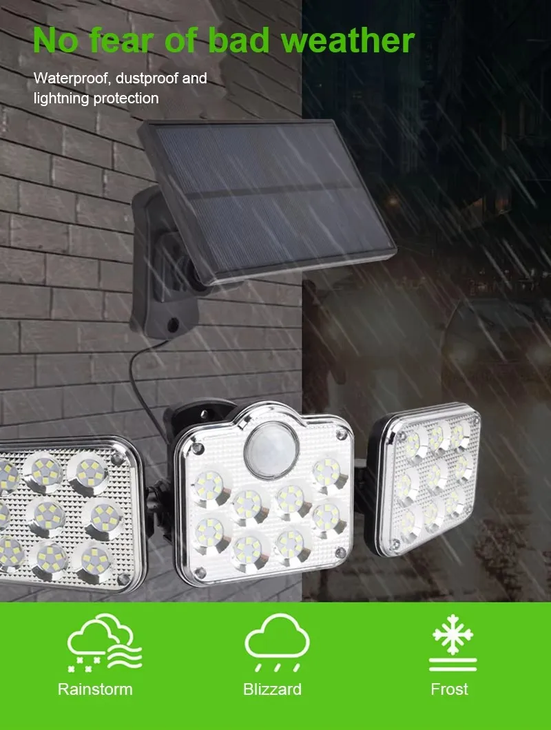 Solar ao ar livre 3 Cabeça Led SMD 138 Luz Inteligente Solar Jardim Luzes Ip65 Impermeável Solar Lâmpada De Parede