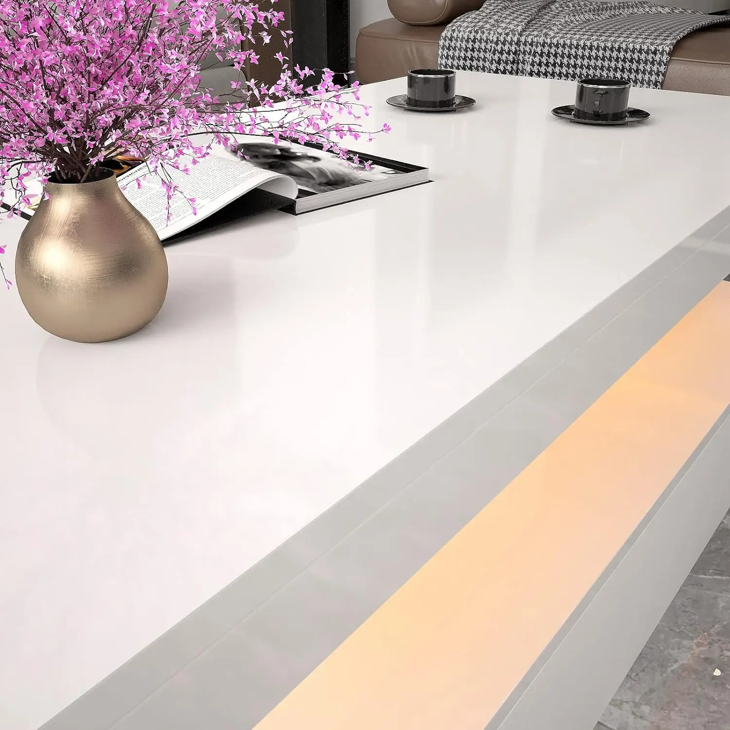 Modern White LED Light Rectangular Coffee Table with Remote Control for Living Room Furniture