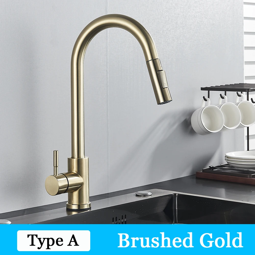 New Brushed Gold Kitchen Faucet Pull Out Brass Swivel Mixer Tap Single Handle 