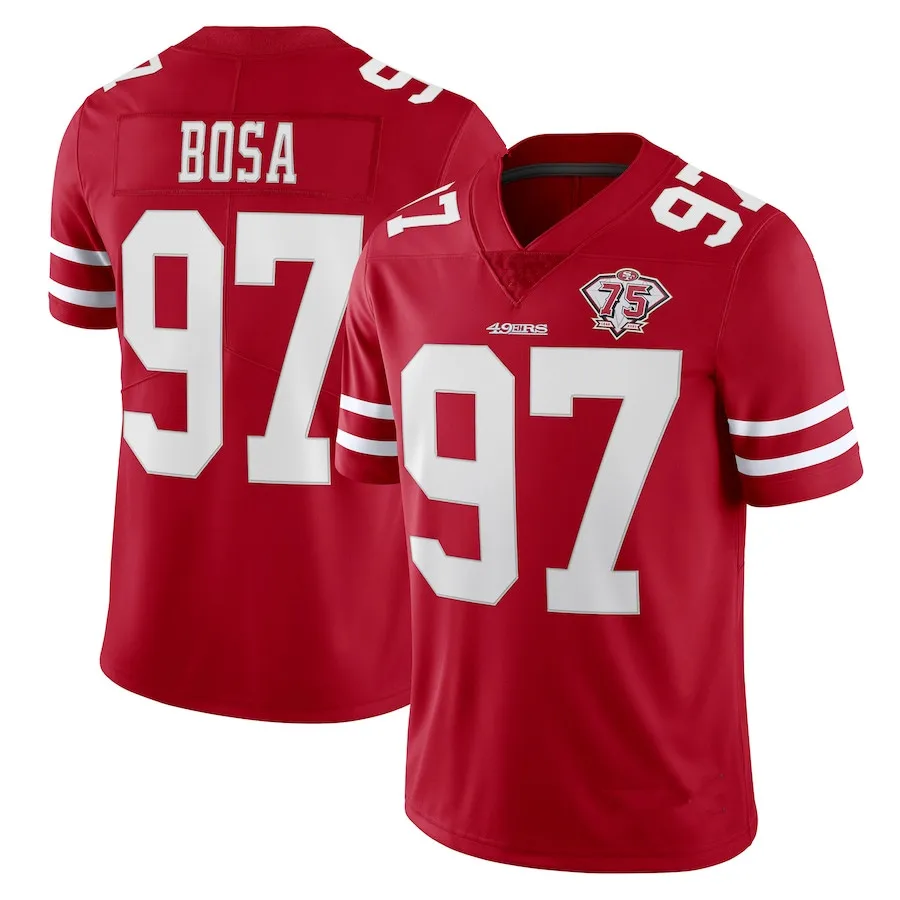 Wholesale Men's Nick Bosa San Francisco 97 Football Jerseys Stitched with  75th Anniversary Patch USA Football VP Limited Jersey- Red From  m.