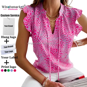 Summer Ruffle Sleeveless Lightweight Breathable V Neck Tie Front Pink Heart Leopard Print Pullover Top Women