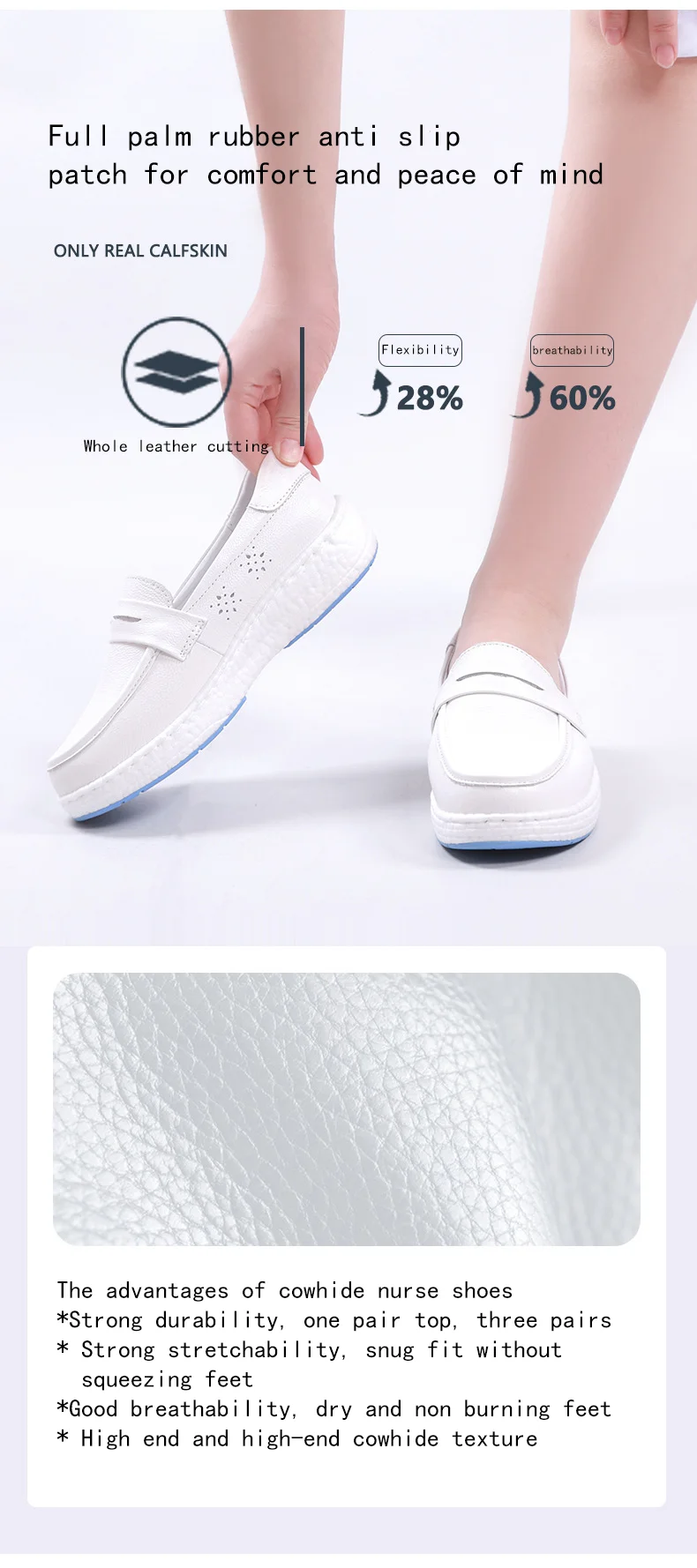 Casual White Genuine Leather Nurse Shoes for Women Comfortable and Breathable for Hospitals