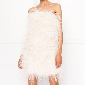 Ladies Elegant Shoulder Feather Trim Dress Casual Custom White Party Bodycon Women Mini Feather Dress